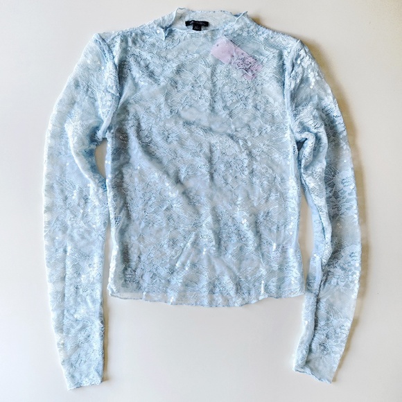 Wild Fable Women's Long Sleeve Light Blue Lace Sequin Top - Picture 5 of 9